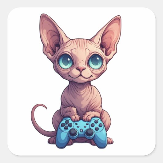 Sphynx kat houdt gamecontroller vast vierkante sticker (Voorkant)