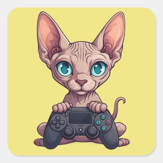 Sphynx kat houdt gamecontroller vast vierkante sticker (Voorkant)