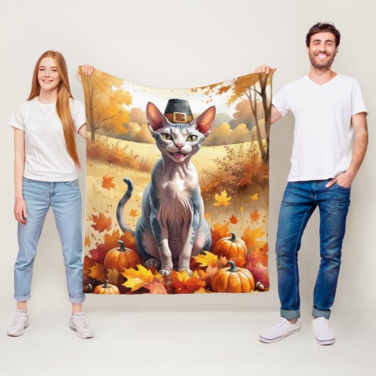 Sphynx Kat In Herfstbladeren Thanksgiving Kunst Fleece Deken (In situ)