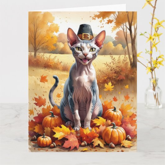 Sphynx Kat In Herfstbladeren Thanksgiving Kunst Kaart (Gele Bloem)