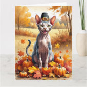 Sphynx Kat In Herfstbladeren Thanksgiving Kunst Kaart (Voorkant)