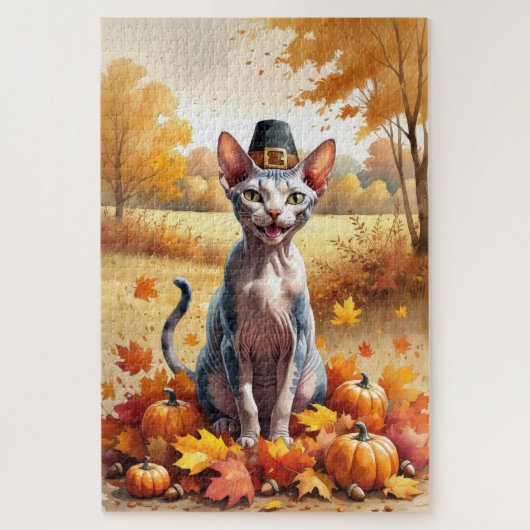 Sphynx Kat In Herfstbladeren Thanksgiving Kunst Legpuzzel (Verticaal)