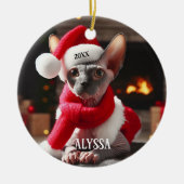 Sphynx Kat in Santa Hat Kerstmis Keramisch Ornament (Voorkant)