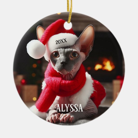 Sphynx Kat in Santa Hat Kerstmis Keramisch Ornament (Voorkant)