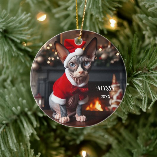 Sphynx Kat in Santa Hat Kerstmis Keramisch Ornament (Boom)