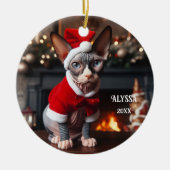 Sphynx Kat in Santa Hat Kerstmis Keramisch Ornament (Voorkant)