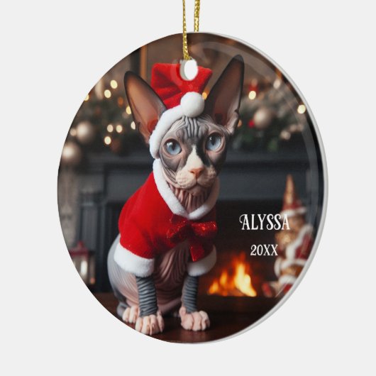 Sphynx Kat in Santa Hat Kerstmis Keramisch Ornament (Links)