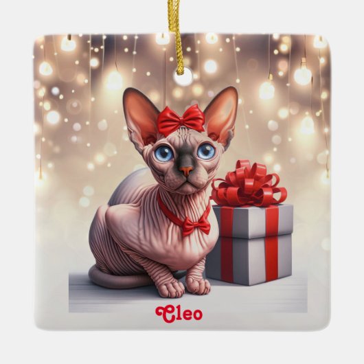 Sphynx Kat Kerstmis Keramisch Ornament (Voorkant)