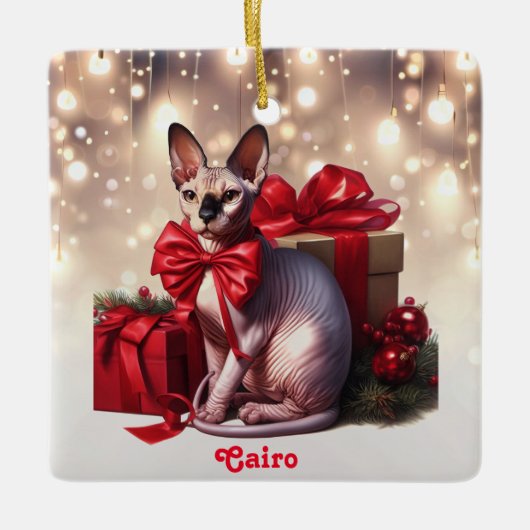 Sphynx Kat Kerstmis Keramisch Ornament (Voorkant)