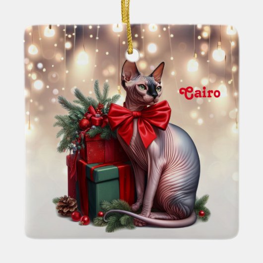Sphynx Kat Kerstmis Keramisch Ornament (Voorkant)