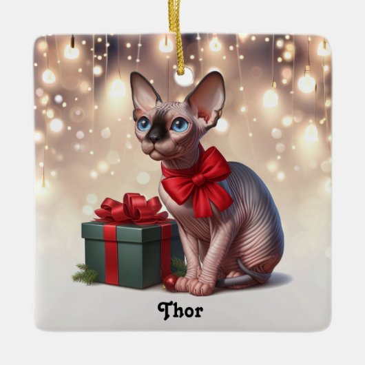 Sphynx Kat Kerstmis Keramisch Ornament (Voorkant)