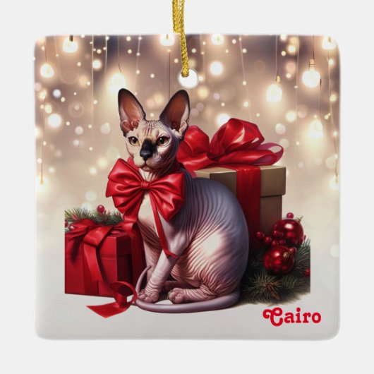Sphynx Kat Kerstmis Keramisch Ornament (Voorkant)