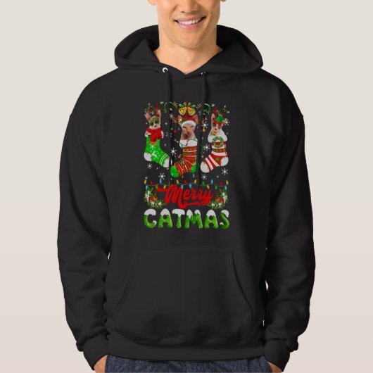 Sphynx Kat Kerstmis Kerstman Hoed Sjaal Vakantie L Hoodie (Voorkant)