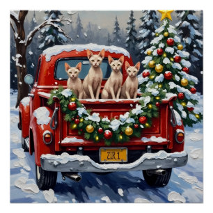 Sphynx Kat Kerstmis Rode Truck Vakantie Perfect Poster
