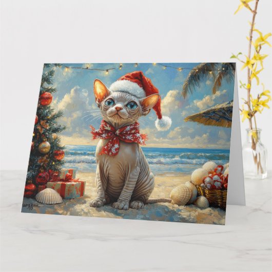 Sphynx kat Kerstmis Vintage Strand Kaart (Gele Bloem)