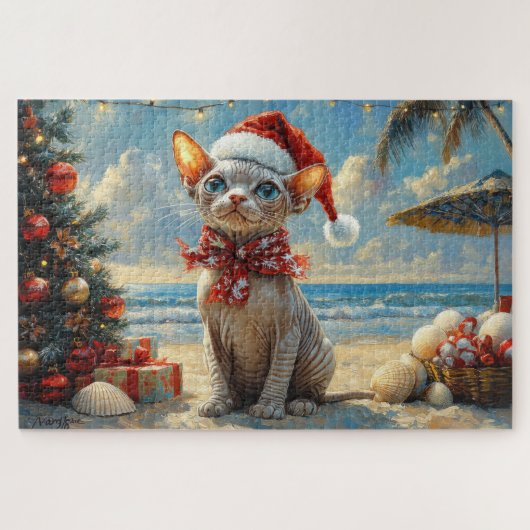 Sphynx Kat Kerstmis Vintage Strand Legpuzzel (Horizontaal)