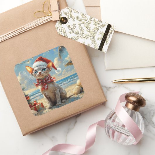 Sphynx Kat Kerstmis Vintage Strand Vierkante Sticker (Geschenken)