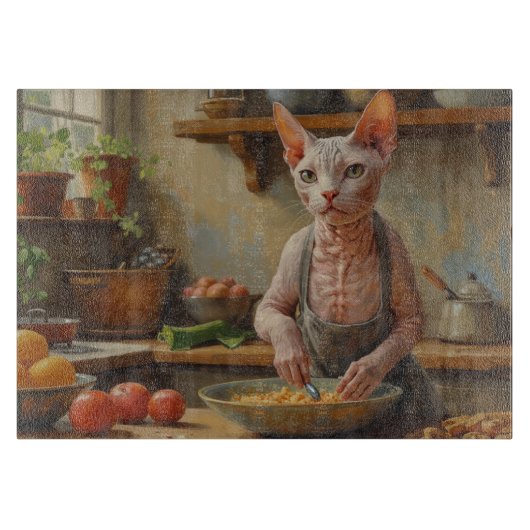Sphynx kat kookt in keuken snijplank (Voorkant)