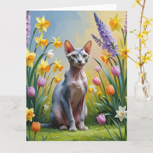 Sphynx Kat Lentebloemen Schilderij Kaart (Gele Bloem)
