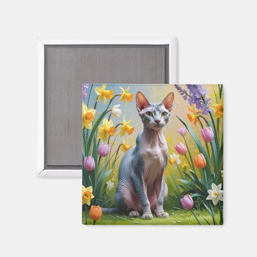 Sphynx Kat Lentebloemen Schilderij Magneet (Voorkant / Achterkant)
