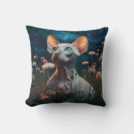 Sphynx Kat & Levendige Bloemen – Whimsische Kunst Kussen