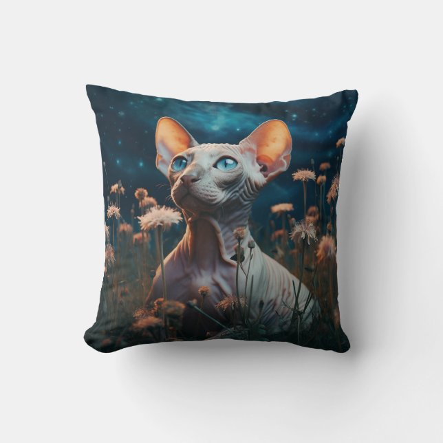 Sphynx Kat & Levendige Bloemen – Whimsische Kunst Kussen (Voorkant)