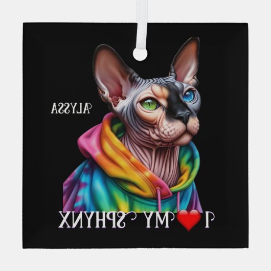 Sphynx Kat Liefde Zwart Glas Ornament (Achterkant)