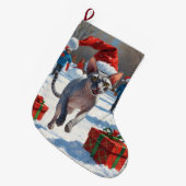 Sphynx kat loopt in de sneeuw met kerstmuts grote kerstsok (Voorkant (Hangend))