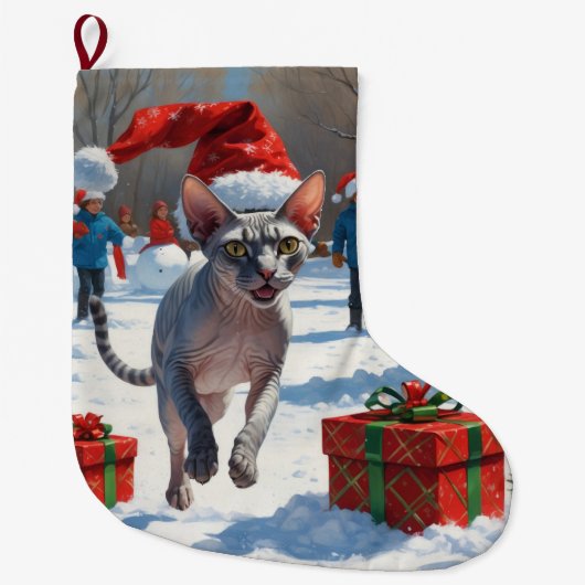 Sphynx kat loopt in de sneeuw met kerstmuts grote kerstsok (Voorkant)