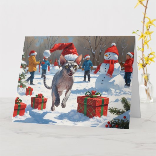 Sphynx kat loopt in de sneeuw met kerstmuts kaart (Gele Bloem)
