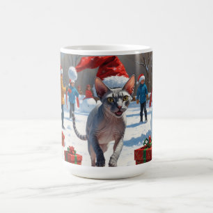 Sphynx kat loopt in de sneeuw met kerstmuts koffiemok
