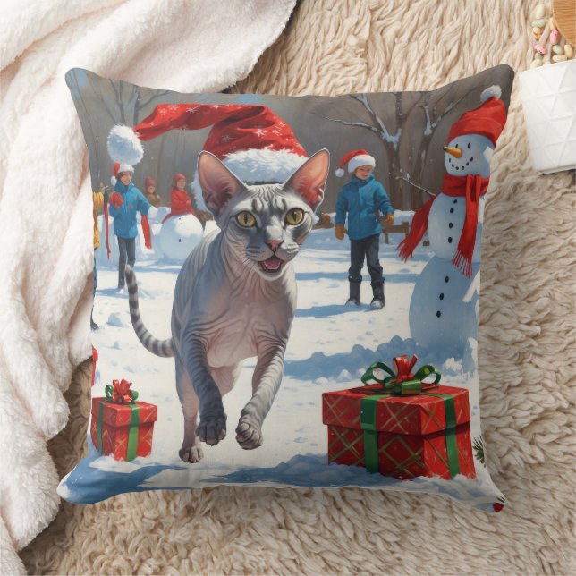 Sphynx kat loopt in de sneeuw met kerstmuts kussen (Deken)