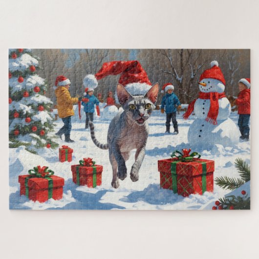 Sphynx kat loopt in de sneeuw met kerstmuts legpuzzel (Horizontaal)