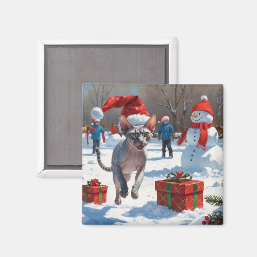 Sphynx kat loopt in de sneeuw met kerstmuts magneet (Voorkant / Achterkant)