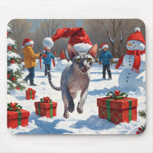 Sphynx kat loopt in de sneeuw met kerstmuts muismat (Voorkant)