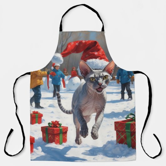 Sphynx kat loopt in de sneeuw met kerstmuts schort (Voorkant)