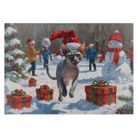 Sphynx kat loopt in de sneeuw met kerstmuts snijplank (Voorkant)
