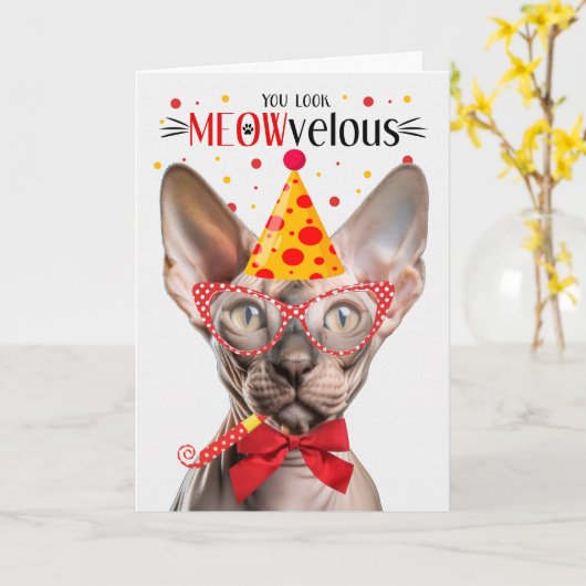 Sphynx Kat MEOWvelous Verjaardag Kaart (Gele Bloem)