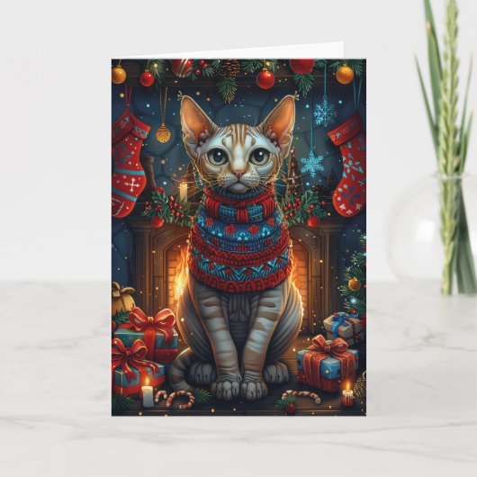 Sphynx kat met kerstcadeaus open haard kaart (Voorkant)