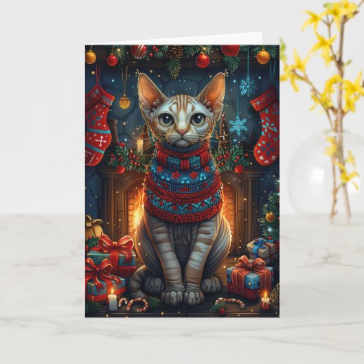 Sphynx kat met kerstcadeaus open haard kaart (Gele Bloem)