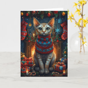 Sphynx kat met kerstcadeaus open haard kaart
