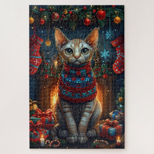 Sphynx kat met kerstcadeaus open haard legpuzzel (Verticaal)