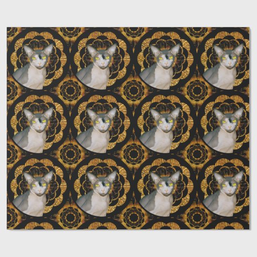 Sphynx Kat Ninja Zwart en Goud Retro Stijl Cadeaupapier (Vlak)