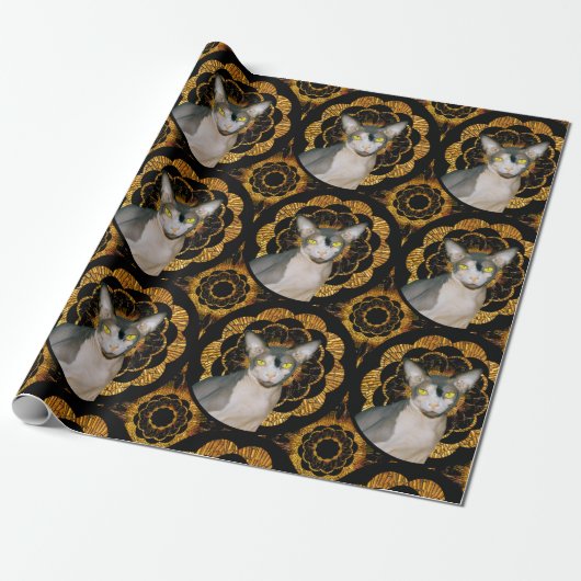 Sphynx Kat Ninja Zwart en Goud Retro Stijl Cadeaupapier (Uitgerold)
