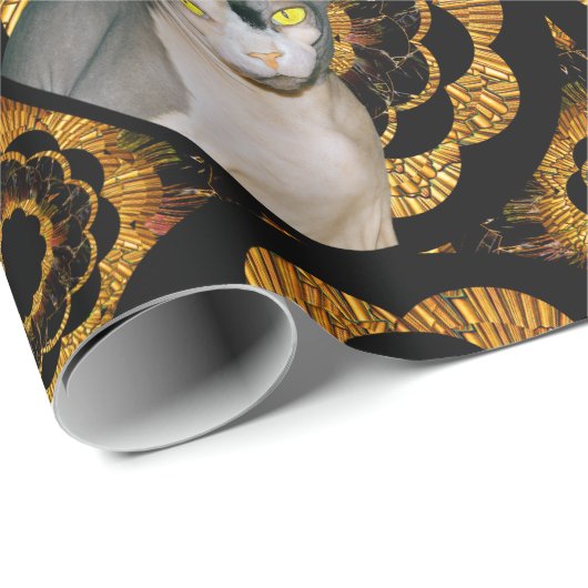 Sphynx Kat Ninja Zwart en Goud Retro Stijl Cadeaupapier (Rol Hoek)