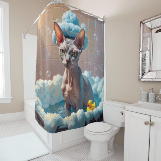 Sphynx kat slordig slaperig schattig grappig douchegordijn (In situ)