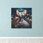 Sphynx Kat Staart naar de Hemel – Levendig Bloemsc Canvas Afdruk (Insitu (Houten vloer))
