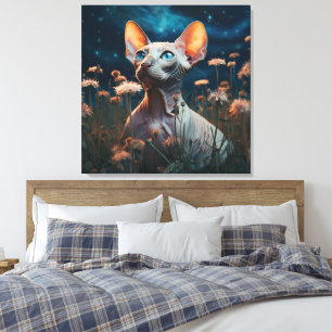 Sphynx Kat Staart naar de Hemel – Levendig Bloemsc Canvas Afdruk