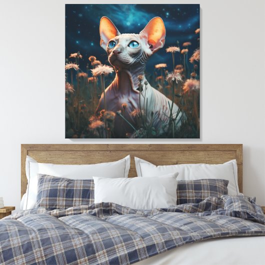 Sphynx Kat Staart naar de Hemel – Levendig Bloemsc Canvas Afdruk (Insitu (Slaapkamer))