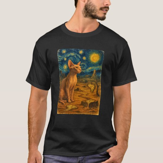 Sphynx Kat Starry Night Kunst Impressionisme Surre T-shirt (Voorkant)